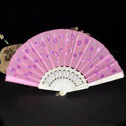 Chinese Style Products Vintage Plastic Embroidered Sequins Folding Fan For Wedding Party Dance Stage Performance Hand Held Fan Home Decoration R230810