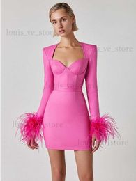 Women Winter Sexy Long Sleeve Feathers Hot Pink Black Mini Bodycon Bandage Dress 2022 Elegant Evening Party Dress T230810