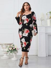 Plus Size Dresses Summer Floral Midi Dress Women Flower Print Bodycon Backless Long Sleeve Ladies Elegant Modis Woman 2023