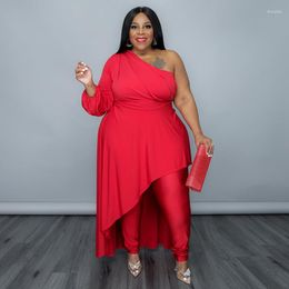 Plus Size Dresses WUHE One Shoulder Batwing Long Sleeve Irregular High Low Maxi Dress For Women 2023 Spring Red Elegant Party