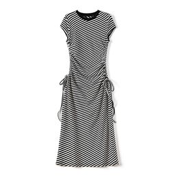 2023 Summer White / BlackStriped Print Dress Sleeveless Round Neck Midi Casual Dresses W3Q014406