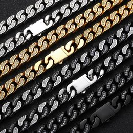 12mm 16-24inch 18K Gold Plated Bling CZ Stainless Steel Cuban Chain Necklace 7/8/9inch Bracelet for Men Women Fashion Jewelry