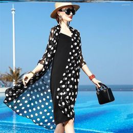 Women's Knits 2023 Spring Summer Chiffon Blouse Dots Cardigan Sun Protection Clothing Long Beach Black Female Fashion Tops Feminino