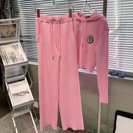 New design women's pink knitted hooded sweater and wide leg long pants 2 pc pants suit twinset SMLXL