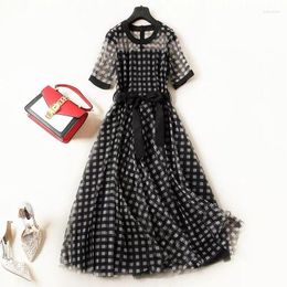 Plus Size Dresses Women L-5XL Tutu Plaid Long Dress Short Sleeve Elegant Chic Porm Party Female 2023 Summer Work Clothing Robe