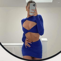 Casual Dresses Sexy Hollow Out Long Sleeve Irregular Fold Slim Bodycon Mini Dress Two Piece Set Nightclub Party Summer For Women 2023