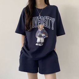 Women s Two Piece Pants Summer Cotton Bear Print Short Set 2023 Casual Loose Pieces Sleeve T Shirt and High Waist Suits 230809