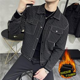 Men's Jackets Brand Clothing Men Winter Stripe Leather Jacket Casual Loose Coats Man High-Quality Lapel Slim Fit Coat Plus Size 3XL