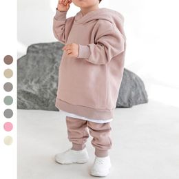Clothing Sets Children Kids Fleece Winter Outfits Solid Cotton Hooded SweatshirtPants Toddler Infant Suit Boy Girl Casual Warm Clothes 230809