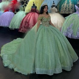 Sparkly Green Glitter Dresses V Neck Crystal Ball Sweet 15 Prom Party Gown Sequin Princess Vestido De Quinceanera Dress 326 326