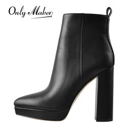 Boots Onlymaker Women Ankle Pointed Toe Black Matte Flock 12CM Chunky Heel Platform Booties Party Shoes Large Size Short 230810