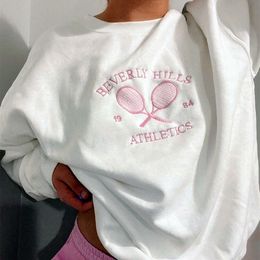 Women's Hoodies Sweatshirts Tennis Athletics Letters Embroidered Women White Loose Spring Pullover Long Sleeve Retro Thin Cotton Casual Jumpers 230810