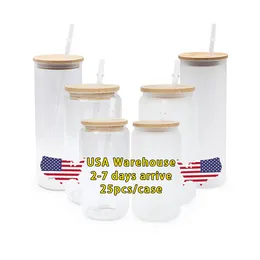 USA CA Warehouse Sublimation frosted 16oz glass coffee tumbler bamboo lid with straw Clear cola soda Shaped cups Beer Can Glass