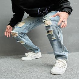 Men's Jeans High Street Washed Distressed Youth Trend Ripped Straight Cotton Trousers Autumn Casual Loose Stretch Denim Pants