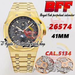 BFF bf26574 Complicated Function Cal.5134 A5134 Automatic Mens Watch 41mm Moon Phase Black Textured Dial Stick Markers Gold Stainless Bracelet eternity Watches