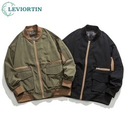 Mens Jackets Streetwear Flight Jacket Retro Multiple Pockets Windbreaker Zip Up Loose Varsity Coat Unisex Baggy Baseball Green 230809