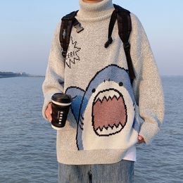 Men's Sweaters Men Turtlenecks Shark Sweater Men Winter Patchwor Harajuku Korean Style High Neck Oversized Grey Turtleneck For Men 230810