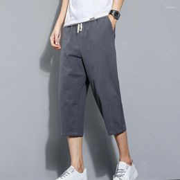 Men's Pants Shorts Summer Solid Colour Elastic Waist Sweatpants Wide Leg Thin Men Capri Long 3/4 Length Trousers 5XL