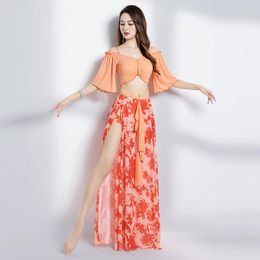 Stage Wear Oriental Dress Print Belly Dance Costume 2 Piece Short Sleeve Gauze Skirt Sexy Side Split Clothes Women