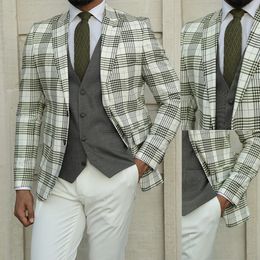 Plaid Men Wedding Tuxedos Slim Fit Peaked Lapel Groom Wear Business Office Suits Costume Homme 3 Pieces Jacket+Pants+Vest