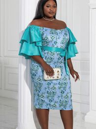 Plus Size Dresses Printed Women Green Ruffle Sleeve Bodycon Gowns Patchwork African Off Shoulder Evening Party Robes With Belt