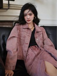 Womens Jackets Spring Autumn Washed Distressed Pink Vintage Casual Buttonup Women Denim Jacket High Waist Solid Colour Long Skirt Mujer 230810