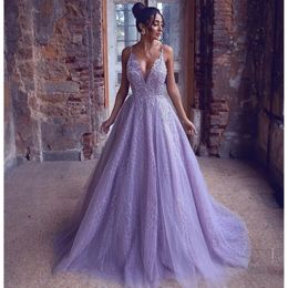 Sexy V-Neck Spaghetti Strap Prom Dresses Lavender Sleeveless Beading Lace Backless Party Evening Gowns Long Robe De Soiree 328 328