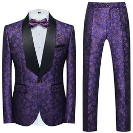 Men's Suits (Jackets Pants) Luxury Gold Jacquard For Men Black Shawl Lapel Blazer Sets Slim Fit Wedding Social Tuxedo Plus Size 6XL-M