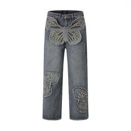 Men's Jeans Butterfly Patches Embroidered Washed Straight Vintage Baggy Fitting For Men High Street Distressed Pants Women