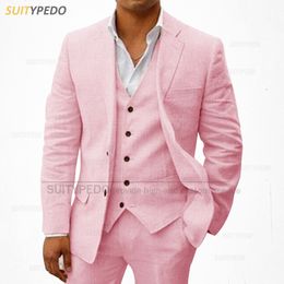 Men's Suits Blazers Stylish Pink Suit For Men Linen Blazer Vest Pants 3 Pcs Wedding Groom Or Groomsman Slim Fit Outfit Birthday Prom Classic Clothes 230809
