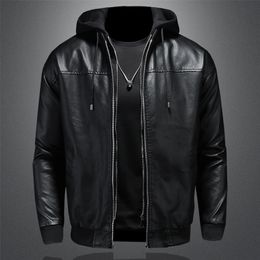 Men's Jackets High Quality Men's Leather Jackets Hoodie Thick Inner Zipper Fake Two Pieces Long Sleeve Hat Detachable Elastic Motorcycle Coat 230809