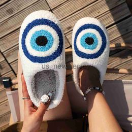 Slippers YvvCvv Cartoon Blue Eye Fluffy Fur Slippers Women Warm Closed Toe Cute Plush Cotton Slippers 2023 Home Soft Winter Indoor Shoes J230810