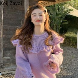 Women's Sweaters Koijizayoi Sweet Women Purple Soft Sweater Lady Ruffled O Neck Autumn Winter Pullovers Fashion Loose Chic Outwear Jumpers