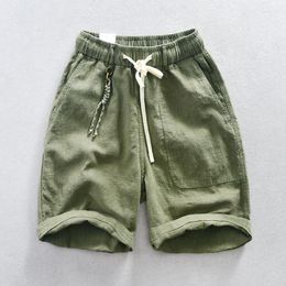 Men's Shorts T125 Summer Fashion Cotton Linen Cargo Japan High Quality Elastic Waist Solid Colour Simple Basic Half Length Pants