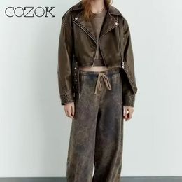 Womens Jackets COZOK Washed Leather Belt Jacket Women Loose Sashes Casual Biker Outwear Female Tops BF Style Coat 230809
