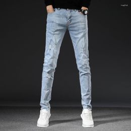 Men's Jeans Men Stretch Simple Ripped Solid Skinny Mid-rise Washed Denim Casual Trousers Four Seasons Long Pencil Pants Lugentolo
