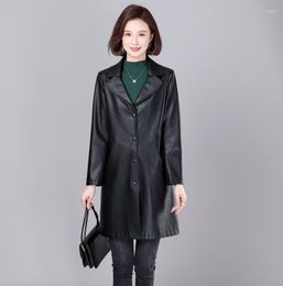 Women's Leather Women Jacket Spring Autumn Mid-Long Imitate Soft Sheepskin Slim Coat Female Solid Color Windbreaker Outerwear