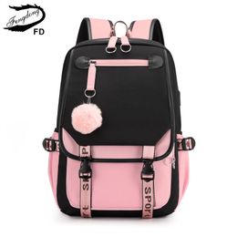 School Bags Fengdong large school bags for teenage girls USB port canvas schoolbag student book bag fashion black pink teen school backpack 230810