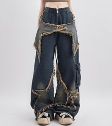 Jeans blu da donna Colori a contrasto Pantaloni a gamba larga da strada americana a vita alta Pantaloni dritti autunnali vintage hip-hop alla moda