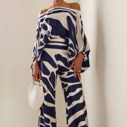 Women's Two Piece Pants Sexy Summer Off Shoulder Printed Long Sleeved Casual Wide Leg Two-piece Set 2023 Elegant Blouse & Pantsuits