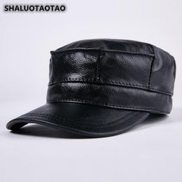 Berets SHALUOTAOTAO Trend Winter Thermal Genuine Leather Hat Fashion Cowhide Flat Brands Earmuffs Men Women Military Hats Gorra