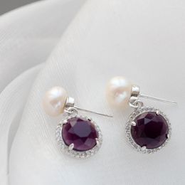Dangle Earrings Authentic 925 Sterling Silver Inlaid Rhinestone Purple Zircon Trendy Style Natural Pearl Wedding Party Fine Jewellery