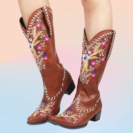 Boots AOSPHIRAYLIAN Embroidery Sewing Floral Western Cowboy For Women 2023 Retro Vintage Mid calf Women's Cowgirl Shoes 230810