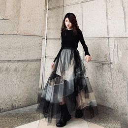 Skirts Trendy Mesh Puffy Skirt For Women's Spring Color Contrast Irregular Design Large Hem Style