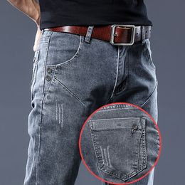 Mens Jeans Gray Slim Elastic Korean Fashion Vintage Casual Skinny Feet Male Clothing Denim Trousers 2736 230810