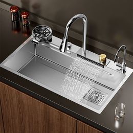 Kitchen Sink Stainless Steel Topmount Sinks Large Single Slot Wash Basin with Multifunctional Touch Flying Rain Waterfall Faucet
