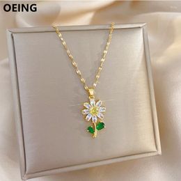 Pendant Necklaces OEING 316L Stainless Steel Delicate Cutting Full Zirconia Flower Necklace For Women Cute Sweet Girls Luxury Jewellery