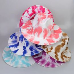 Men's and women's tie-dyed hats Elegant Fashion TOP Solid felt Fedora Hat Band Wide Flat Brim Jazz Hats Stylish Trilby Panama Caps 23 Colours AU10