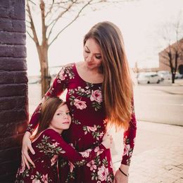 Family Matching Outfits Mama And Daughter Dresses Wine Floral Mom And Kids Long Dress Family Matching Clothes Mommy Me Outfits Baby Girls Vestidos