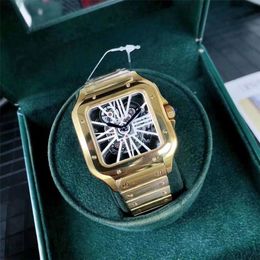 2023 Mens Luxury Watches Square Skeleton watch 39mm size Watch All Stainless Steel luminous needles Casual Business Designer Quartz transparent back WristWatch